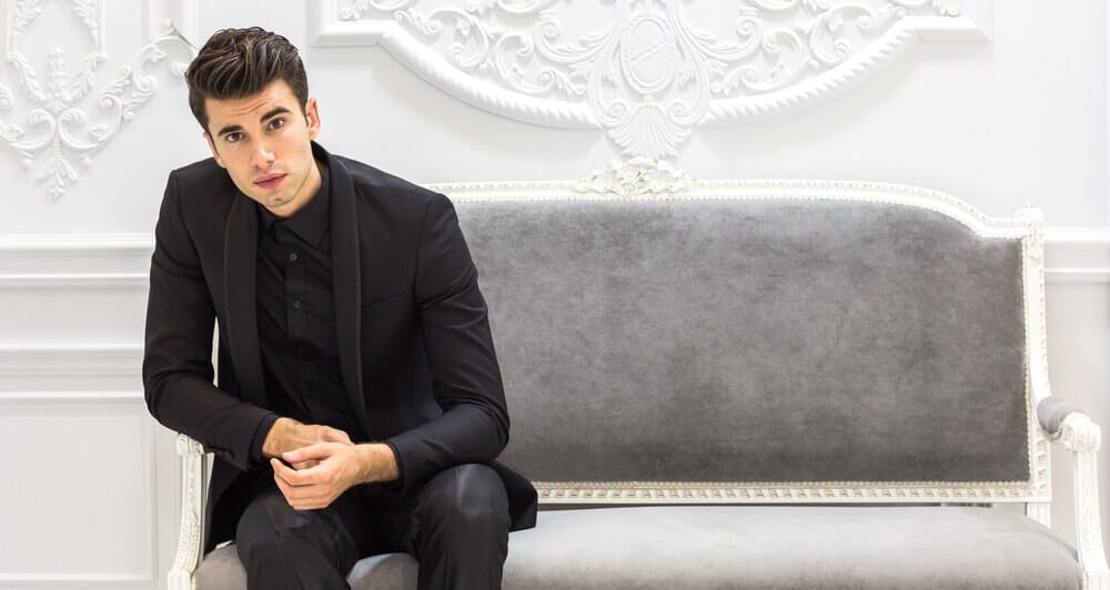 black suit black shirt