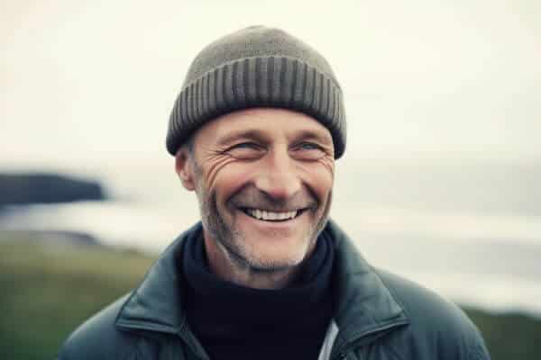 Man wearing a green beanie hat