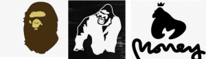 Clothing brands BAPE, Gorilla Wear, Money Clothing Logo's