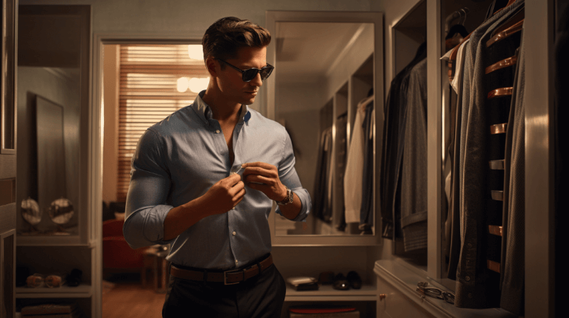 man putting on shirt