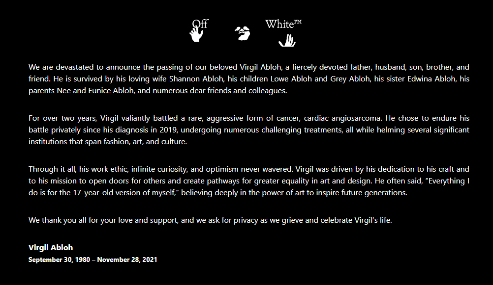 Off-Whites message on Virgil Abloh