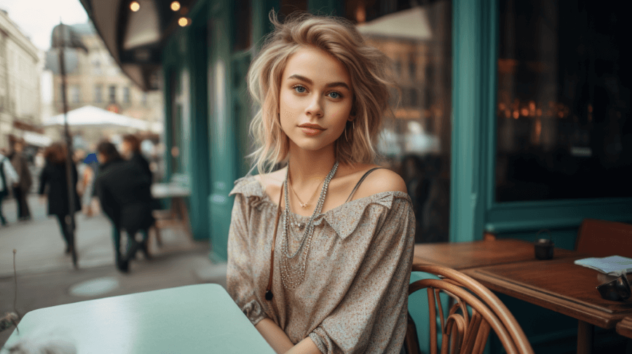 woman in casual clothing at lunch